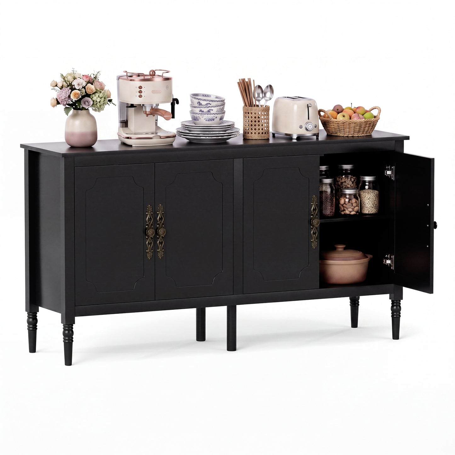 58" Vintage Buffet Cabinet with Pine Wood Legs and Adjustable Shelves for Kitchen-Black