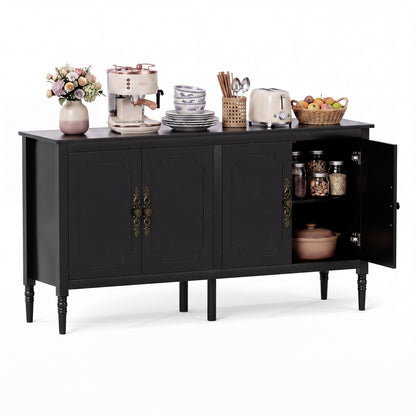 58" Vintage Buffet Cabinet with Pine Wood Legs and Adjustable Shelves for Kitchen-Black