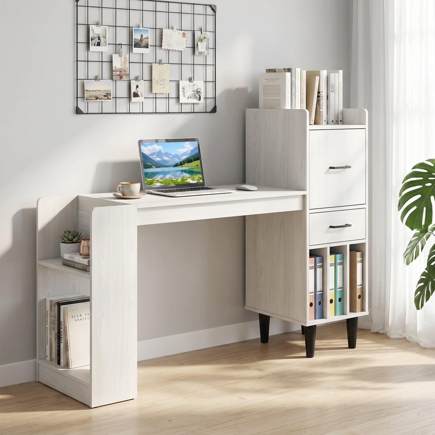 White 59-inch home office desk with side storage shelves and drawer cabinets, ideal for bedroom or workspace.