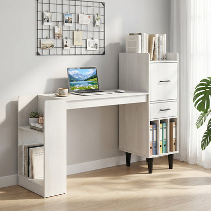 White 59-inch home office desk with side storage shelves and drawer cabinets, ideal for bedroom or workspace.