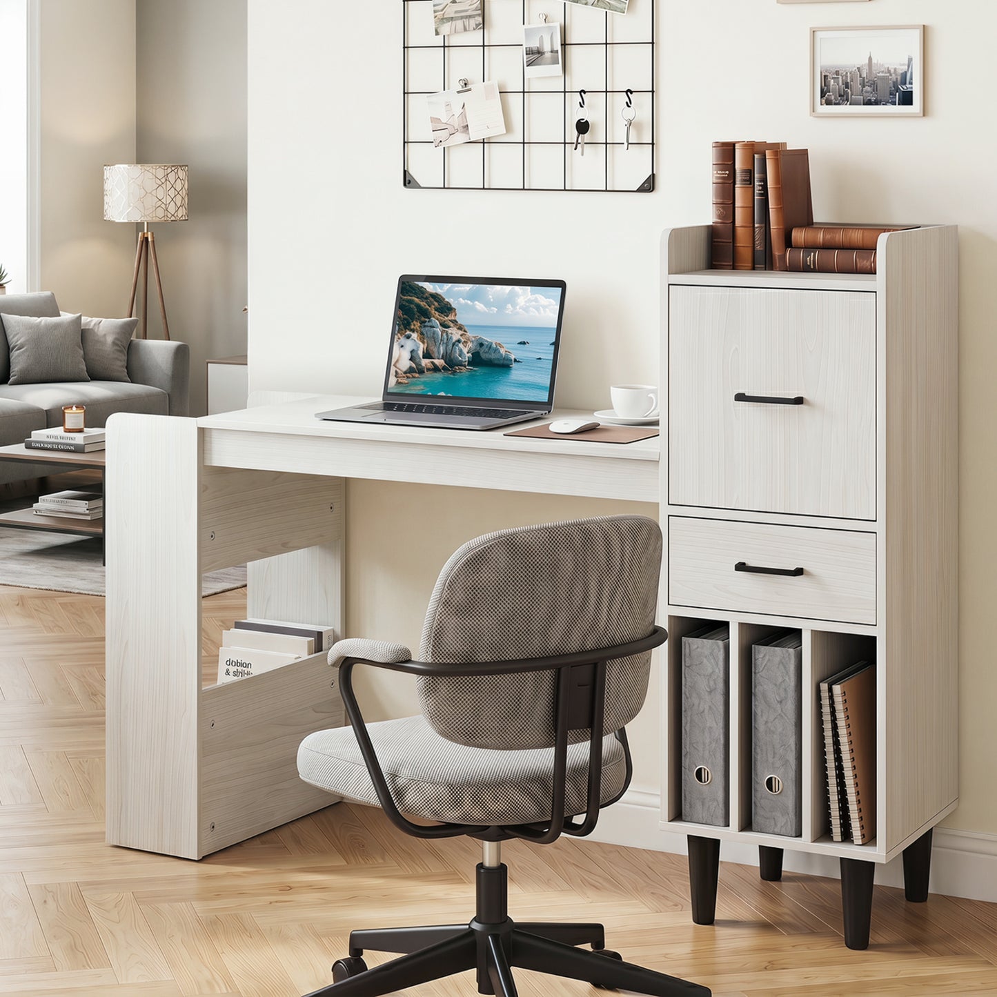 White 59-inch home office desk with side storage shelves and drawer cabinets, ideal for bedroom or workspace.