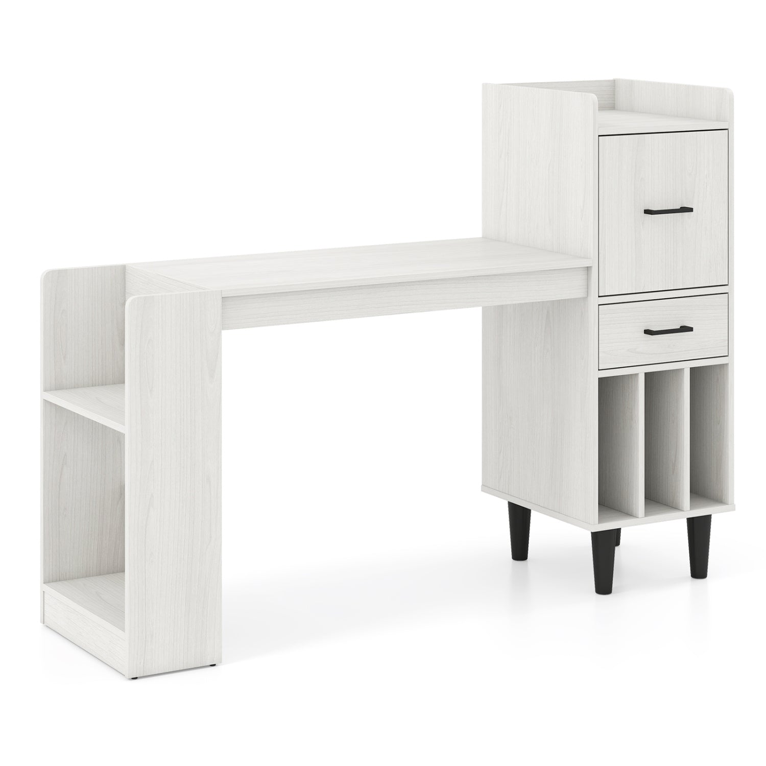 White 59-inch home office desk with side storage shelves and drawers, ideal for bedroom or workspace.