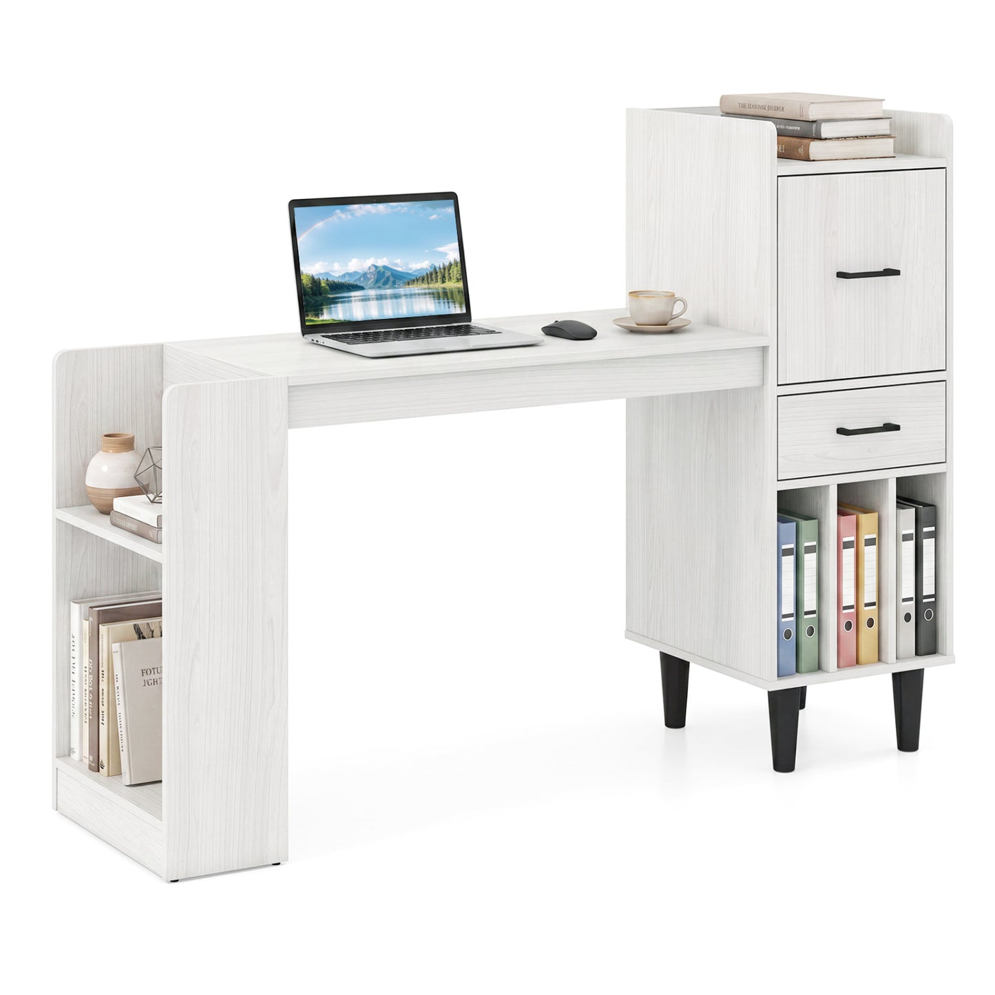 White 59-inch home office desk with side storage shelves and drawer cabinets, ideal for bedroom or study workspace.