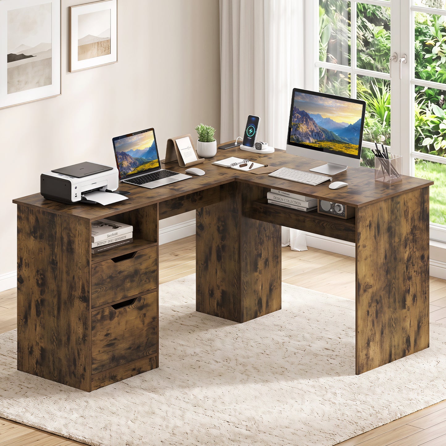 59" L-Shaped Executive Desk with Power Outlets Drawers and Bookshelf for Working Gaming Writing-Rustic