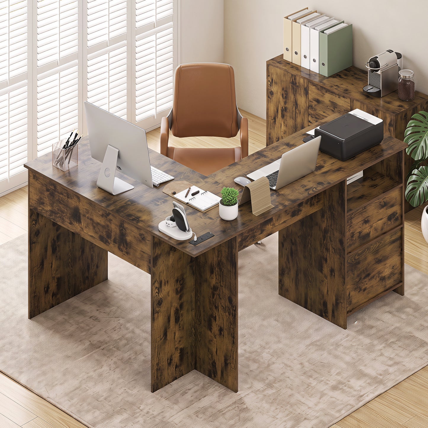 59" L-Shaped Executive Desk with Power Outlets Drawers and Bookshelf for Working Gaming Writing-Rustic