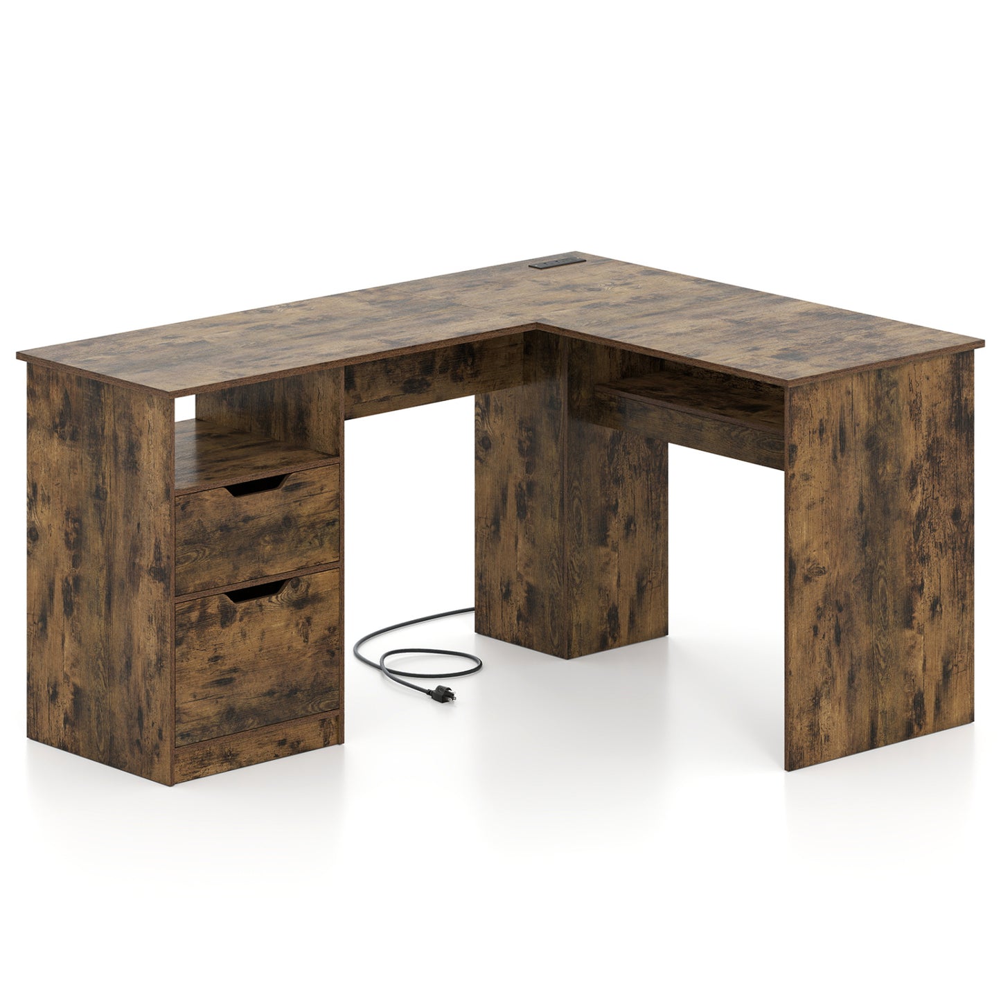 59" L-Shaped Executive Desk with Power Outlets Drawers and Bookshelf for Working Gaming Writing-Rustic