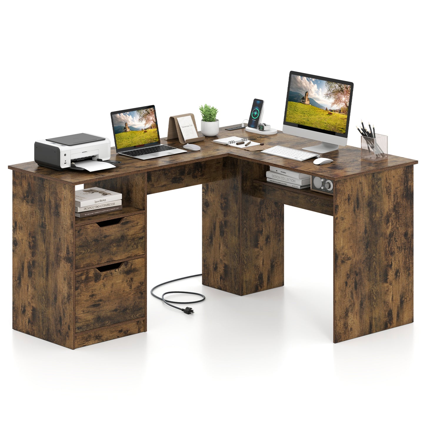 59" L-Shaped Executive Desk with Power Outlets Drawers and Bookshelf for Working Gaming Writing-Rustic