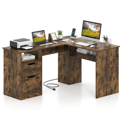 59" L-Shaped Executive Desk with Power Outlets Drawers and Bookshelf for Working Gaming Writing-Rustic