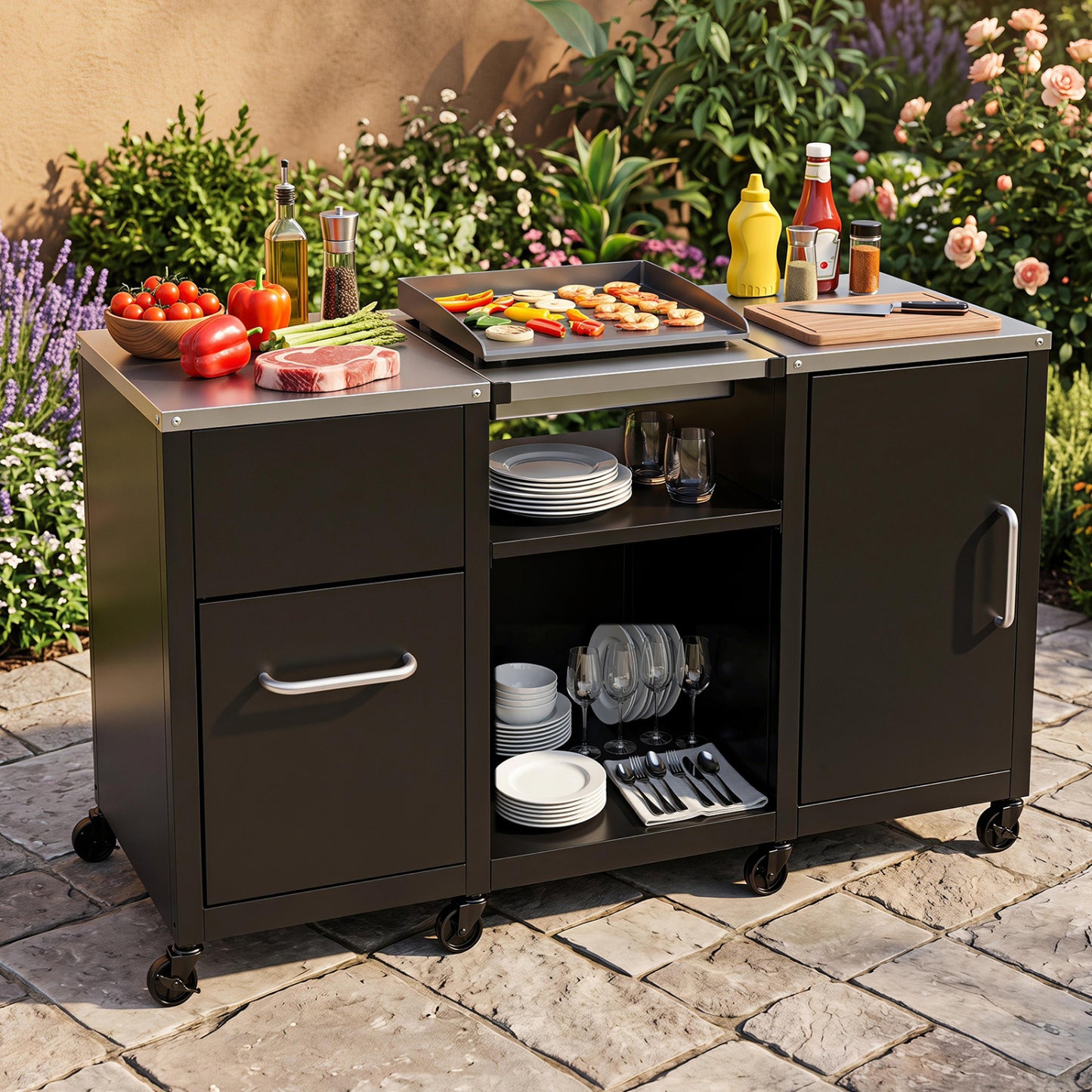 59" Outdoor Grill Table with 2 Removable Shelves and Stainless Steel Top-Black