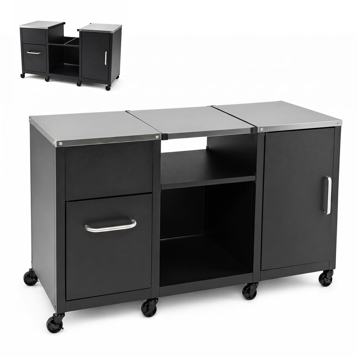 59" Outdoor Grill Table with 2 Removable Shelves and Stainless Steel Top-Black