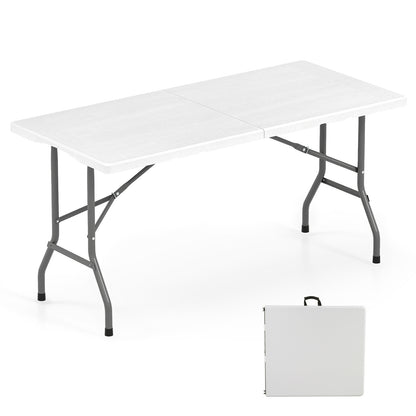 5FT Folding Picnic Table with Wood Grain HDPE Tabletop and  Non-slip Foot Pads-White