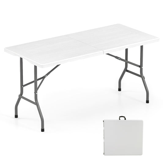 5FT Folding Picnic Table with Wood Grain HDPE Tabletop and  Non-slip Foot Pads-White