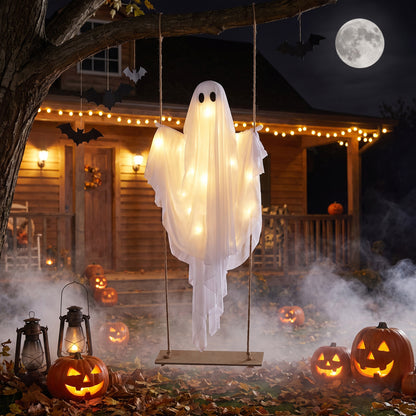 5Ft Halloween Hanging Swing Ghost Decoration with LED String Lights