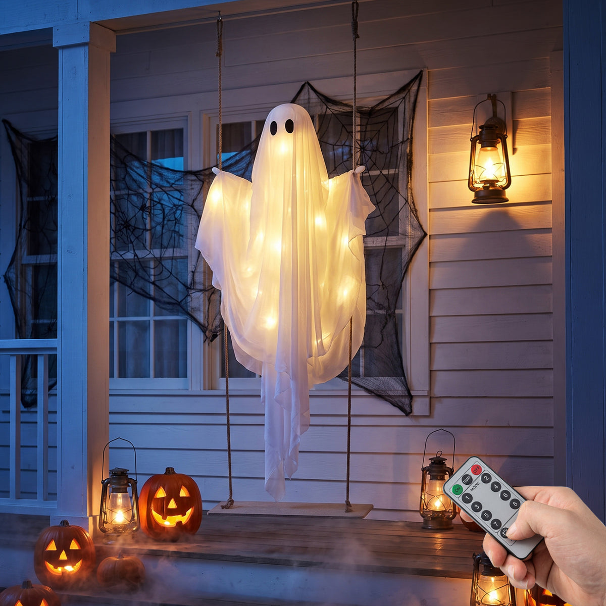 5Ft Halloween Hanging Swing Ghost Decoration with LED String Lights