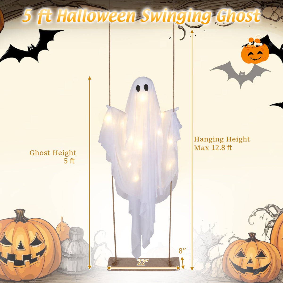 5Ft Halloween Hanging Swing Ghost Decoration with LED String Lights