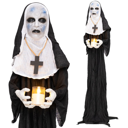 5.3 ft animated Halloween nun decoration with light-up candle, spooky holiday decor from Wilsons Home Store