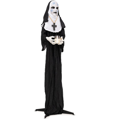 5.3 ft animated Halloween nun decoration by Wilsons Home Store with light-up candle and spooky holiday design.