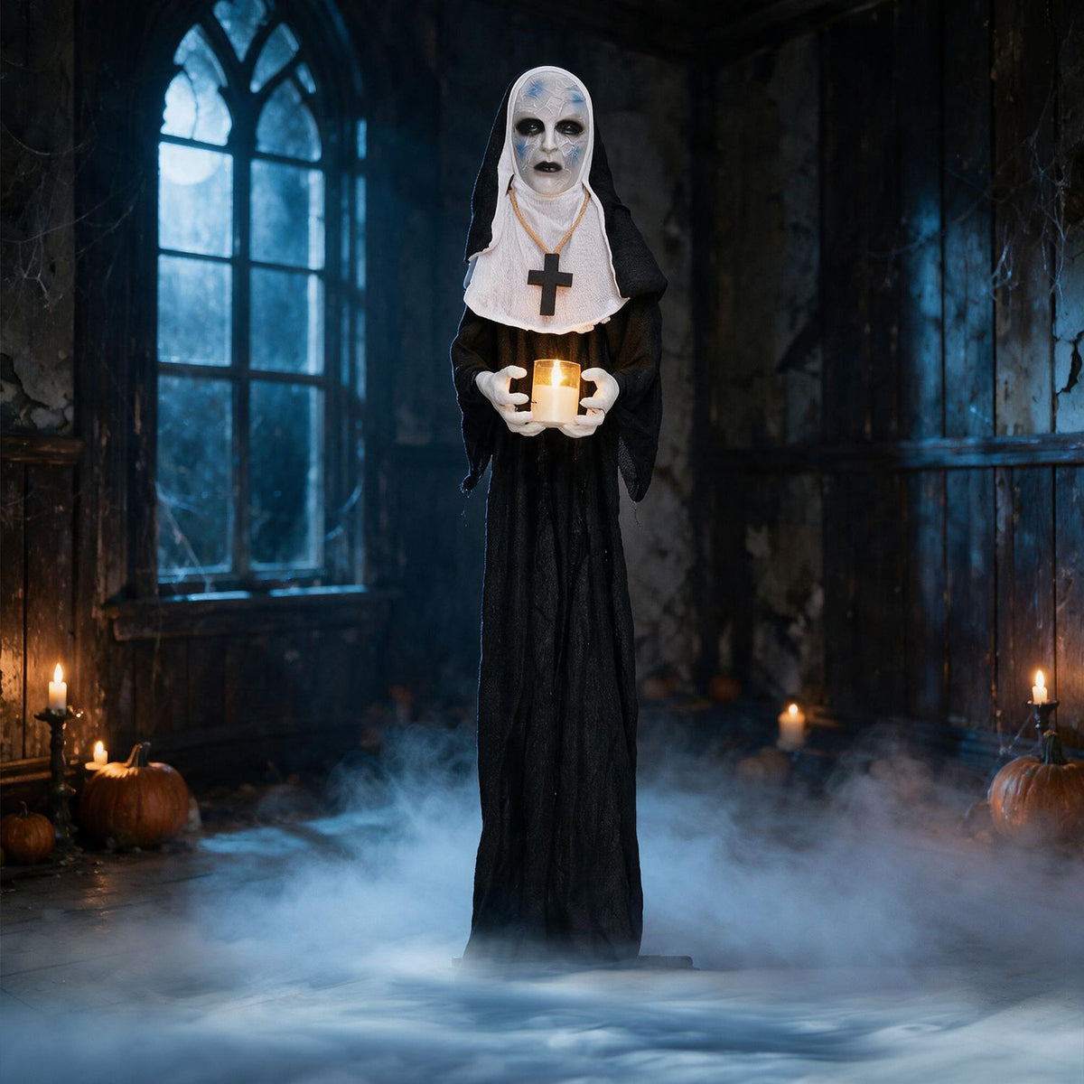 5.3 ft animated nun Halloween decoration with light-up candle, spooky holiday decor from Wilsons Home Store