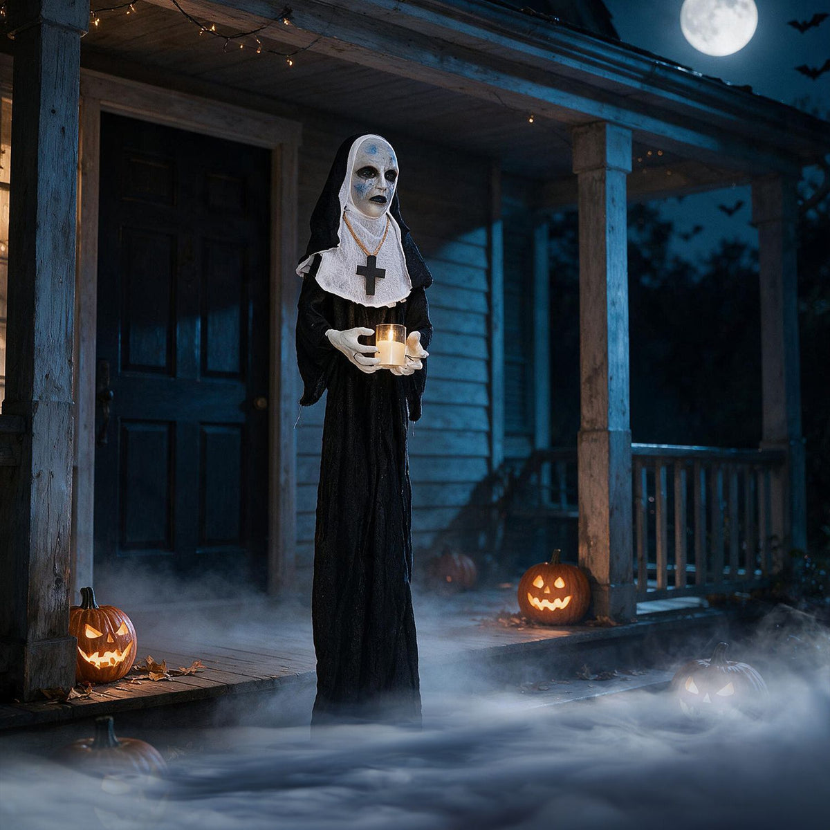5.3 ft animated Halloween nun decoration with light-up candle, spooky holiday decor by Wilsons Home Store