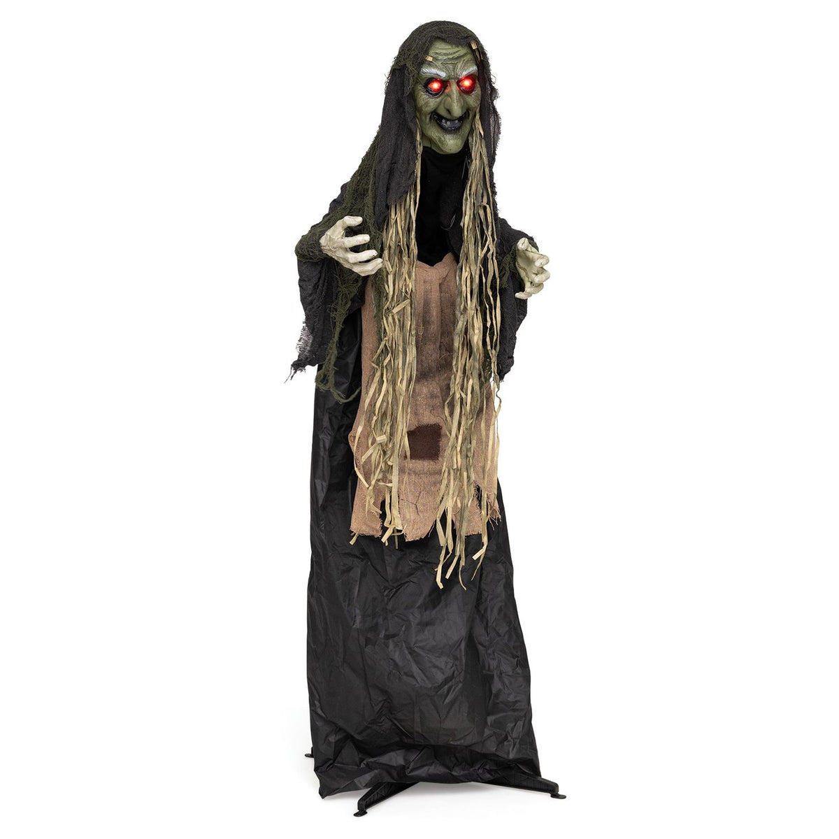5.3 ft standing hunchback witch Halloween prop with light-up eyes, spooky holiday decor for Halloween celebrations