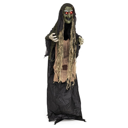5.3 ft standing hunchback witch Halloween prop with light-up eyes, spooky holiday decor for Halloween celebrations