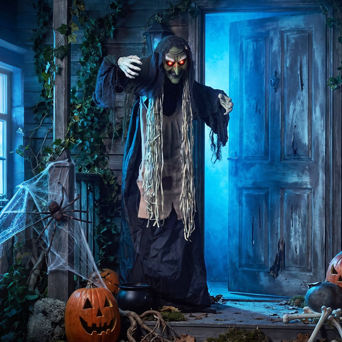 5.3 ft standing hunchback witch Halloween decoration with light-up eyes, spooky Halloween decor for haunted displays