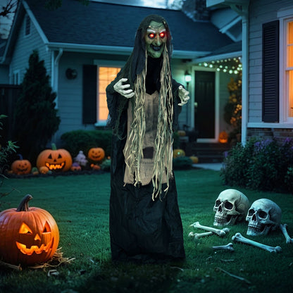 5.3 ft standing hunchback witch Halloween prop with light-up eyes, spooky holiday decor for Halloween festivities