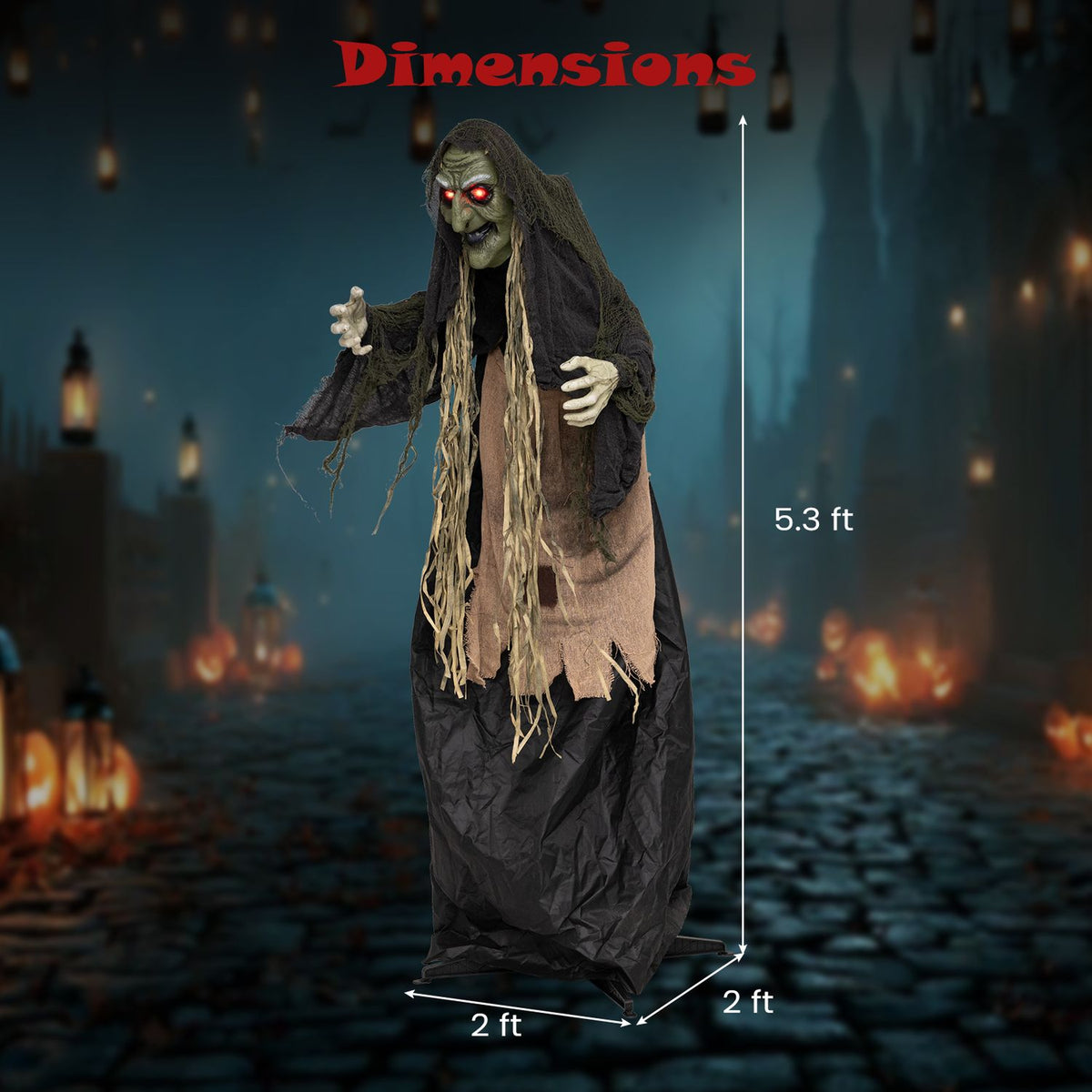 5.3 ft standing hunchback witch Halloween prop with light-up eyes, spooky holiday decoration for Halloween.