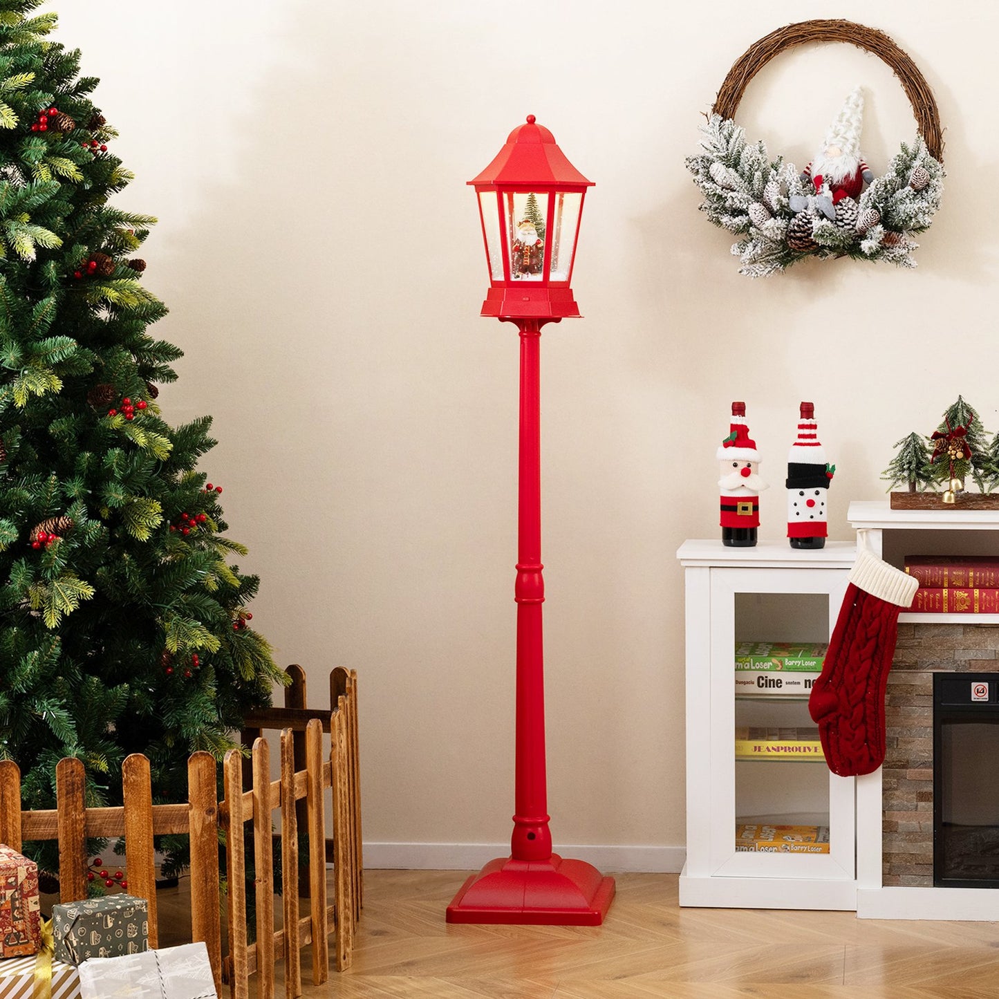 5.3 Feet Musical Christmas Street Lamp with 60 Warm White LED Lights-Red