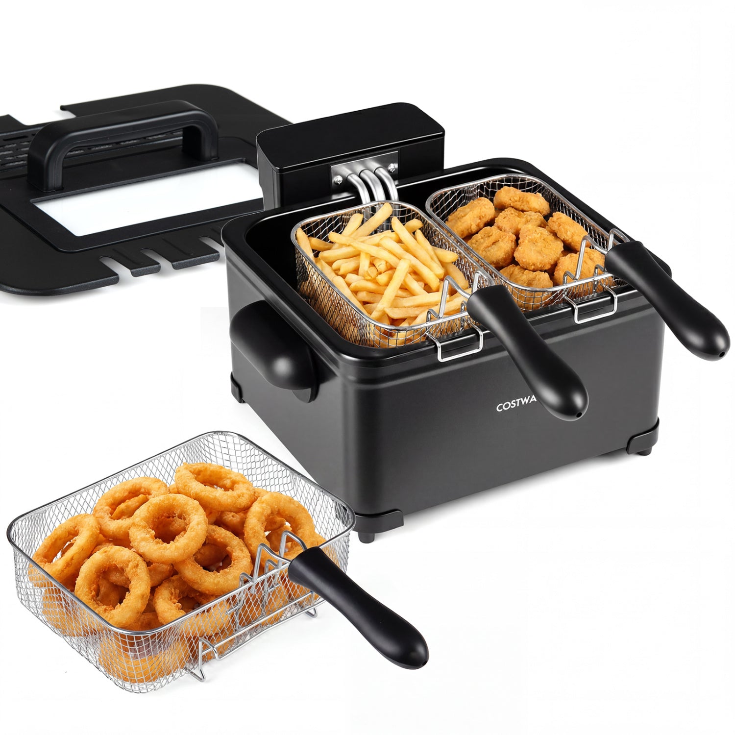 Electric deep fryer with 3 baskets, LED touch screen, and preset functions in black, 5.3-quart capacity, 1700W power.