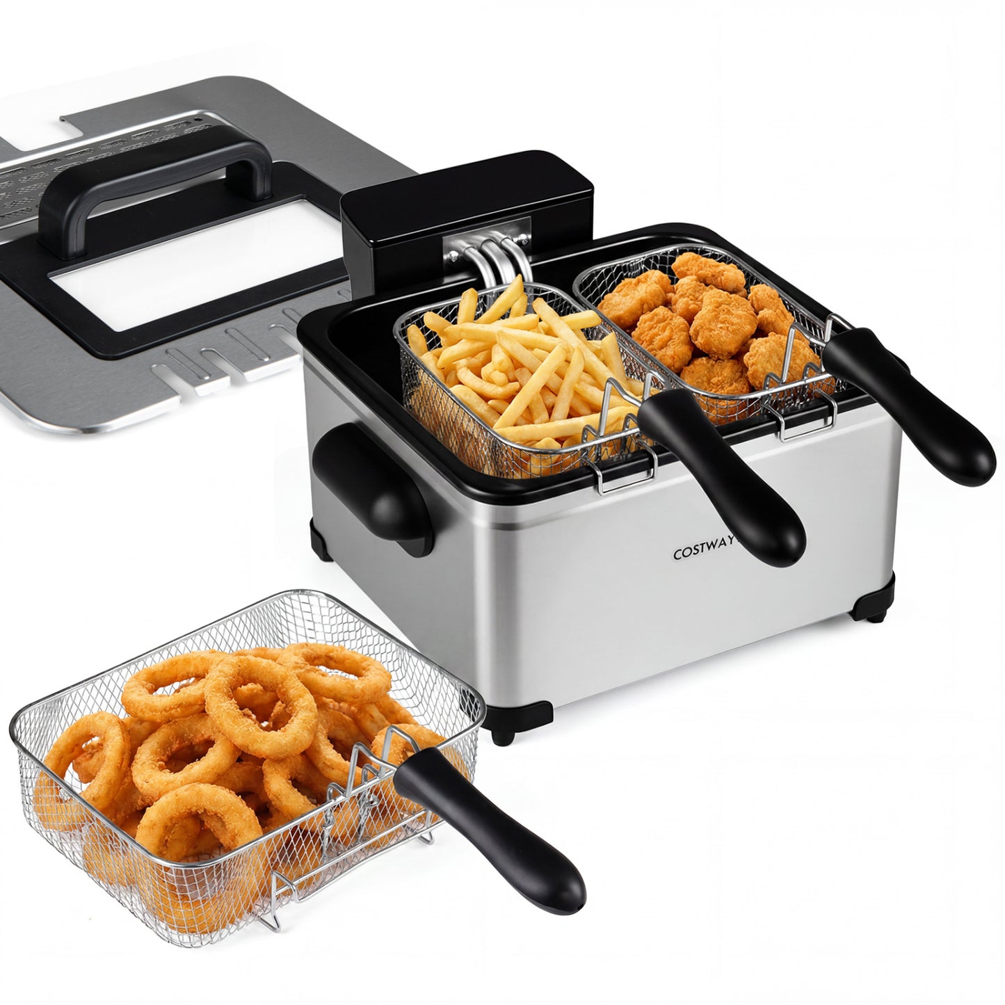 Black 5.3-quart electric deep fryer with 3 baskets, LED touch screen, 1700W, and 6 preset functions for kitchen use.