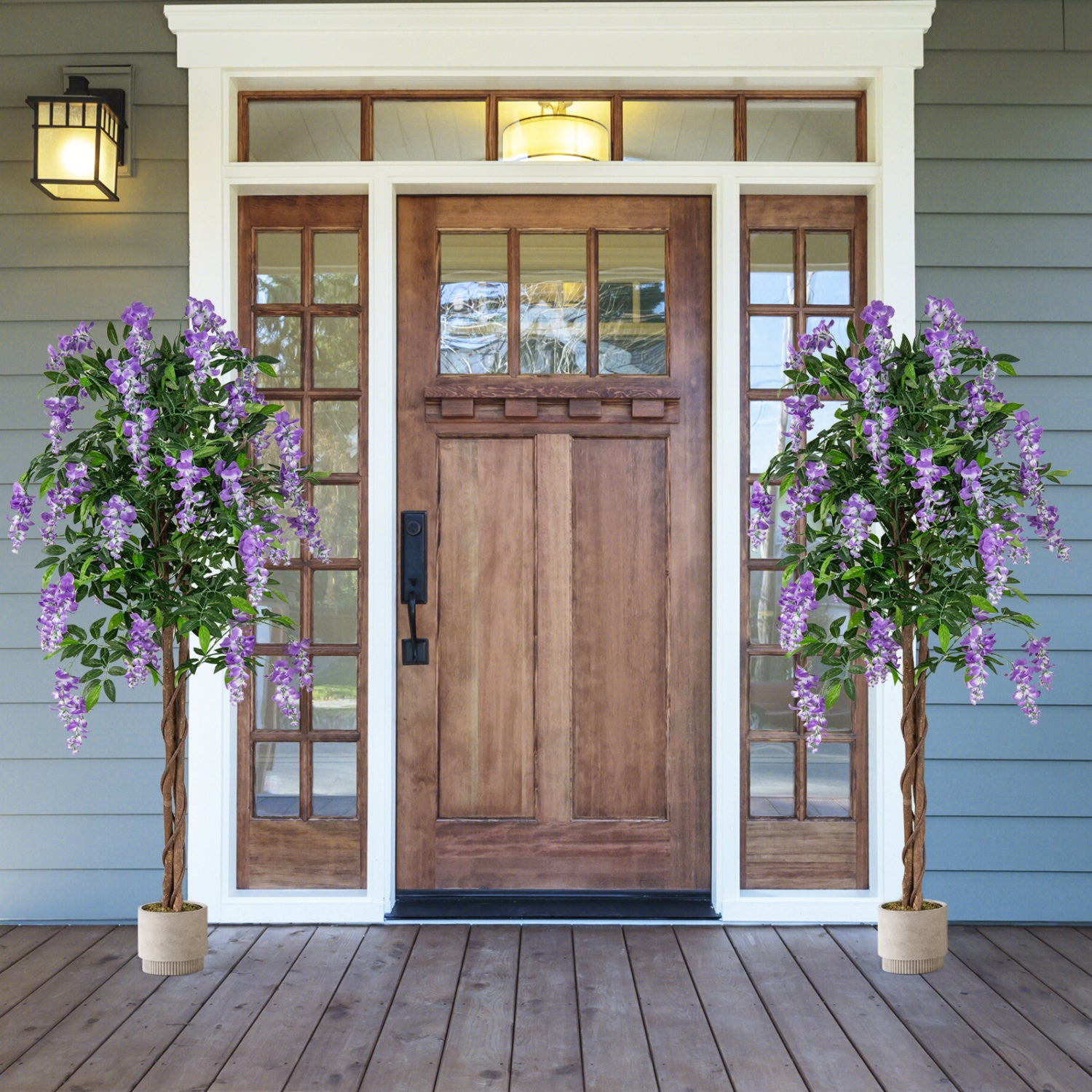 Pair of 5.5 ft purple faux wisteria plants in nursery pots with blooming flowers, ideal for home decor and interior accents.