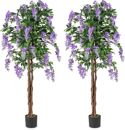 Set of two 5.5 ft faux wisteria plants in nursery pots with purple blooming flowers for home decor.