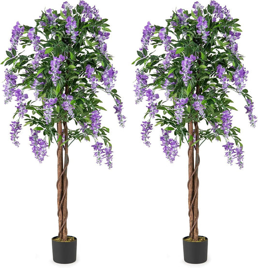 Set of two 5.5 ft faux wisteria plants in nursery pots with purple blooming flowers for home decor.