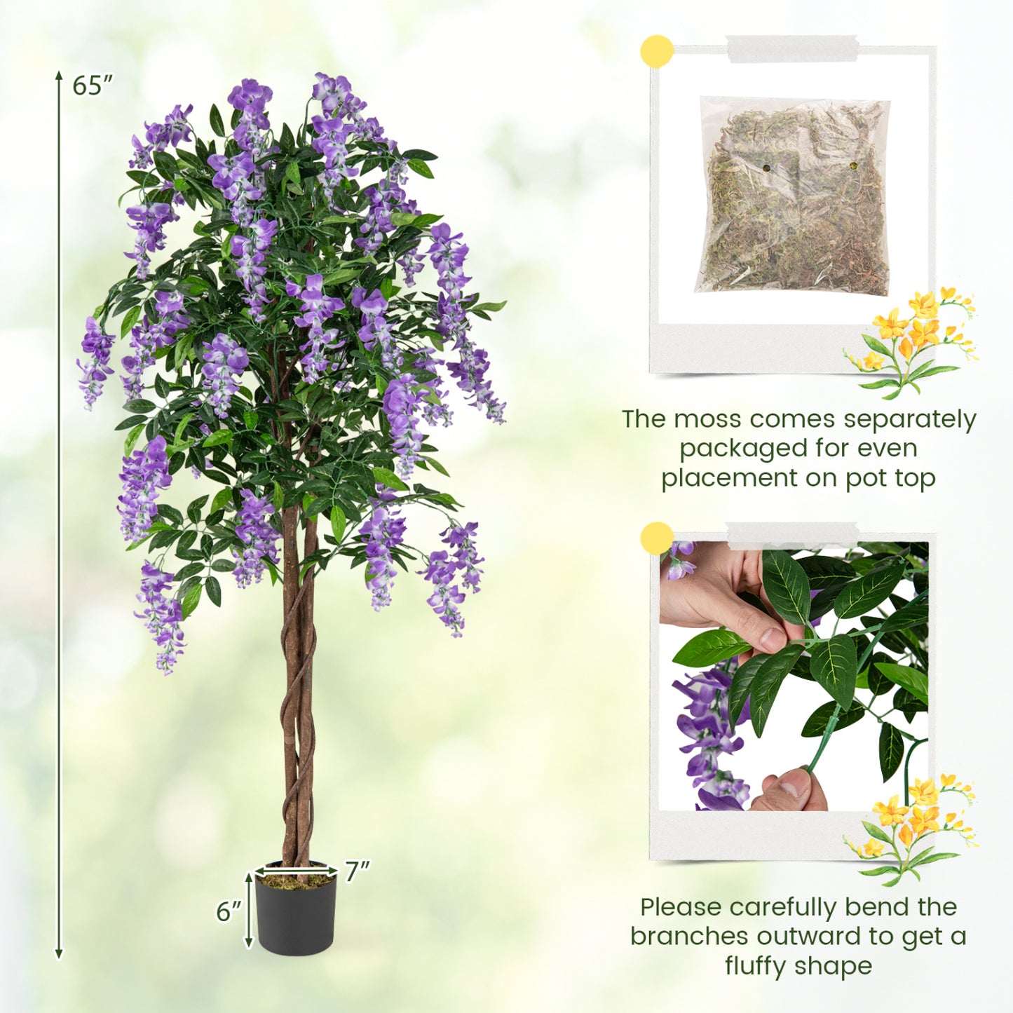 Pair of 5.5 ft faux wisteria plants in nursery pots with blooming purple flowers, ideal for home decor.