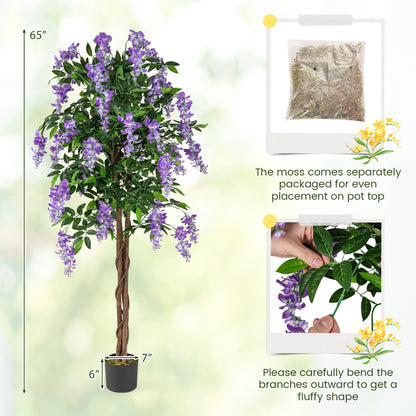 Pair of 5.5 ft faux wisteria plants in nursery pots with blooming purple flowers, ideal for home decor.