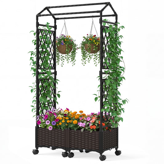 5.5 ft brown self-watering planter box with lattice trellis and roof, outdoor garden plant support by Wilsons Home Store