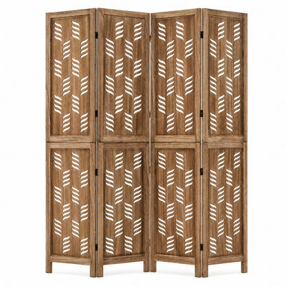 5.5 FT Tall Room Divider 4 Panels with Wave Cutout & Paulownia Frame for Room-Brown