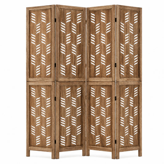 5.5 ft tall brown room divider with four panels, wave cutout design, and Paulownia wood frame for stylish home decor.