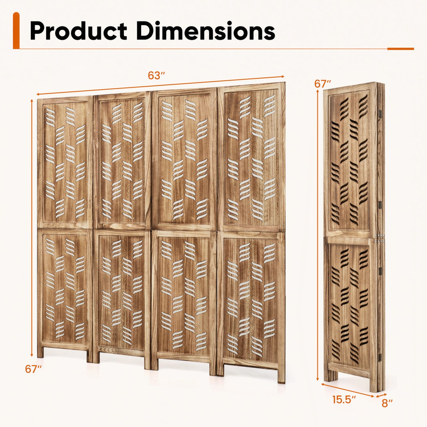 5.5 FT Tall Room Divider 4 Panels with Wave Cutout & Paulownia Frame for Room-Brown