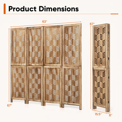 5.5 FT Tall Room Divider 4 Panels with Wave Cutout & Paulownia Frame for Room-Brown