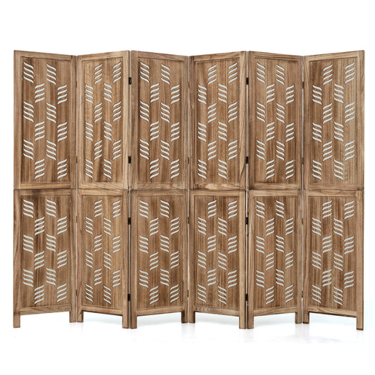 5.5 ft tall six-panel room divider with wave cutout design and brown paulownia frame, ideal for home decor and room separation.
