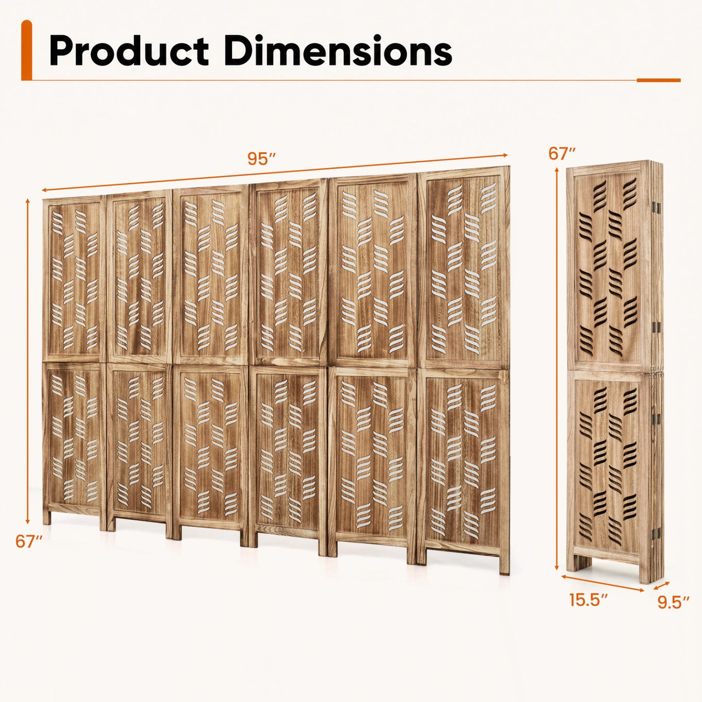5.5 FT Tall Room Divider 6 Panels with Wave Cutout & Paulownia Frame for Room-Brown
