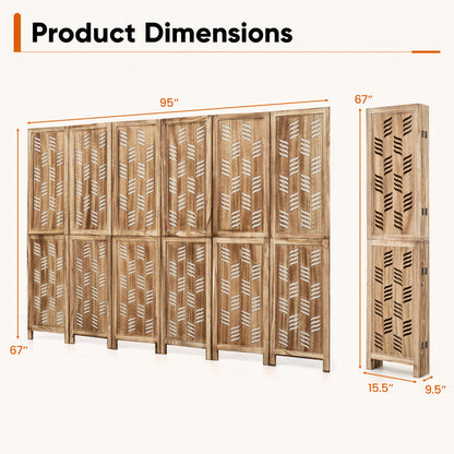 5.5 FT Tall Room Divider 6 Panels with Wave Cutout & Paulownia Frame for Room-Brown