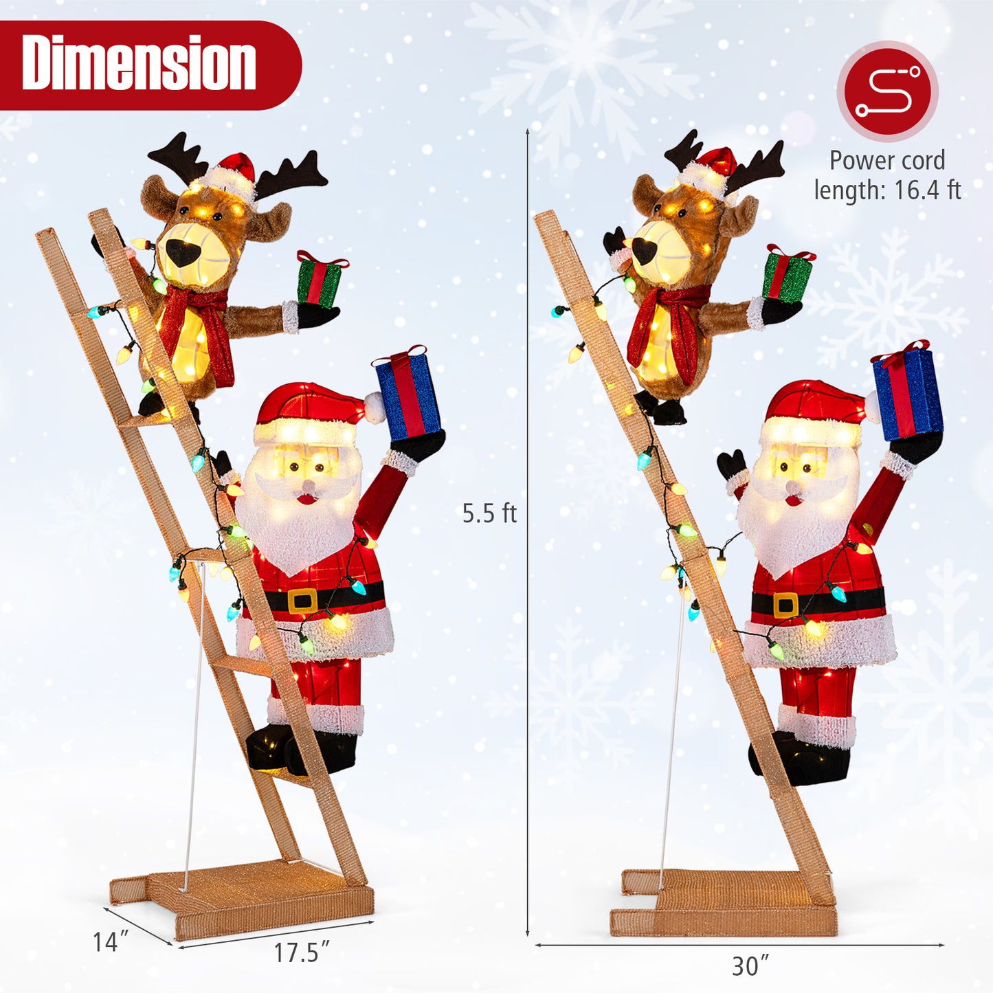 5.5 Feet Christmas Lighted Reindeer and Santa Claus on Ladder with 100 LED Lights