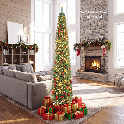 5/6/7/8/9 Feet Pre-lit Pencil Artificial Christmas Tree with 150/180/200//300/400 Warm White LED Lights-9 ft