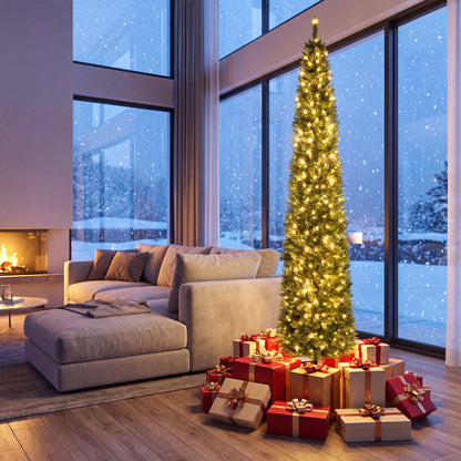 5/6/7/8/9 Feet Pre-lit Pencil Artificial Christmas Tree with 150/180/200//300/400 Warm White LED Lights-9 ft