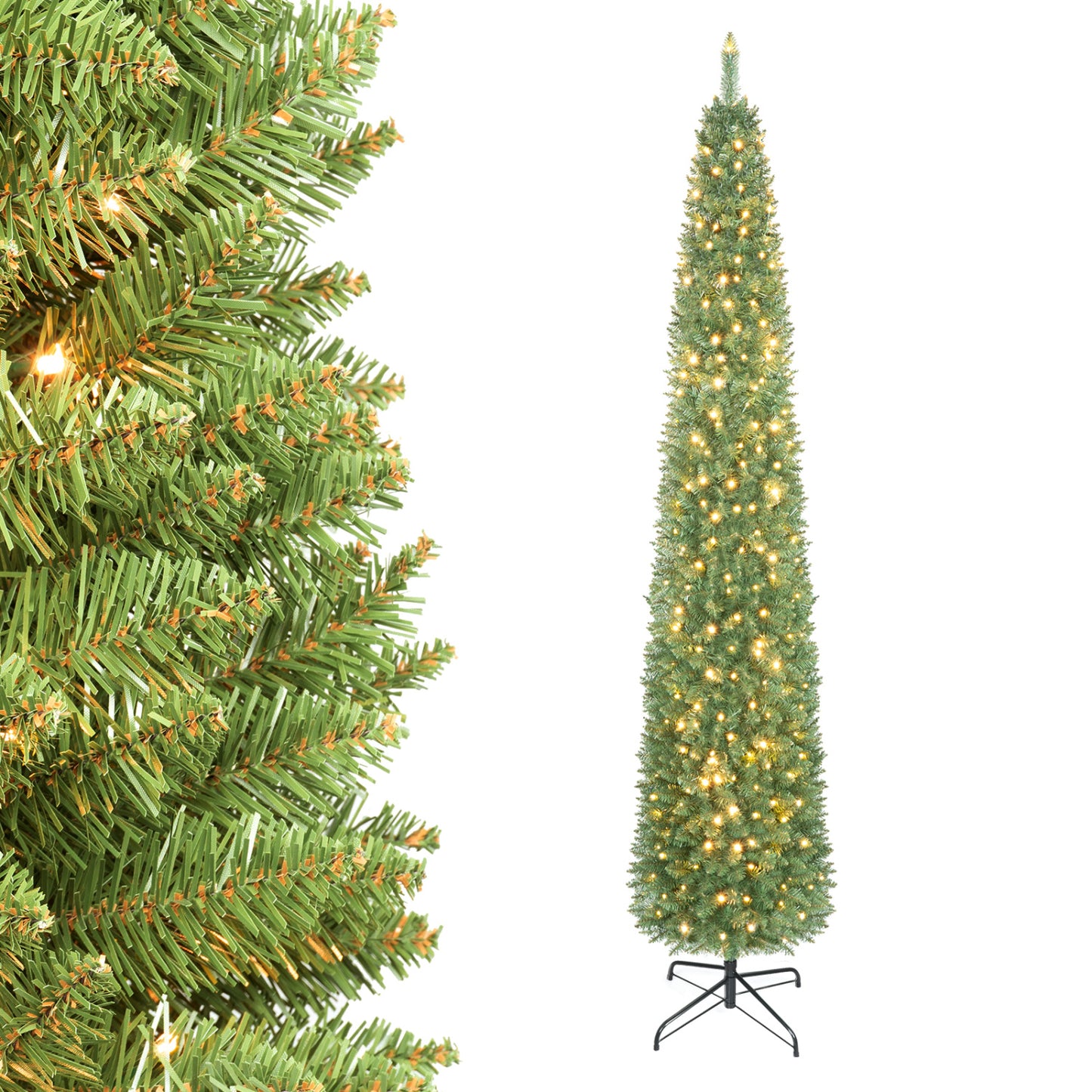 5/6/7/8/9 Feet Pre-lit Pencil Artificial Christmas Tree with 150/180/200//300/400 Warm White LED Lights-9 ft