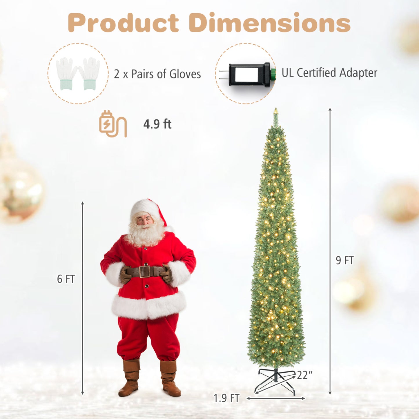 5/6/7/8/9 Feet Pre-lit Pencil Artificial Christmas Tree with 150/180/200//300/400 Warm White LED Lights-9 ft