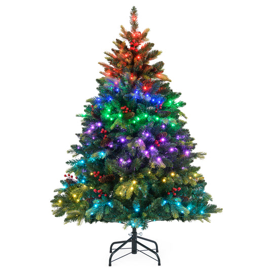 Artificial Christmas tree in 5, 6, 7, or 8 ft with LED lights and remote app control, featuring lush green branches for holiday decor.